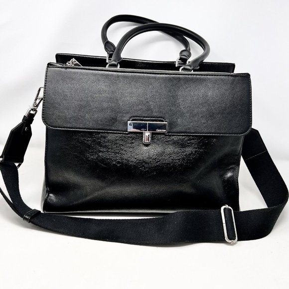Calvin Klein Black Faux Leather Tablet / Business / Oversize Purse Convertible - Picture 1 of 13